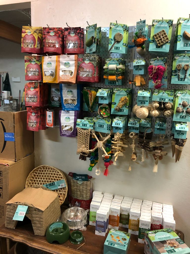 Colorful display of pet products.